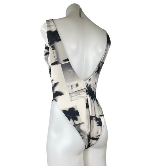 NEW Skatie x Rocky Barnes Cream Black Palm Tree High Leg One Piece Swimsuit M - Picture 2 of 4
